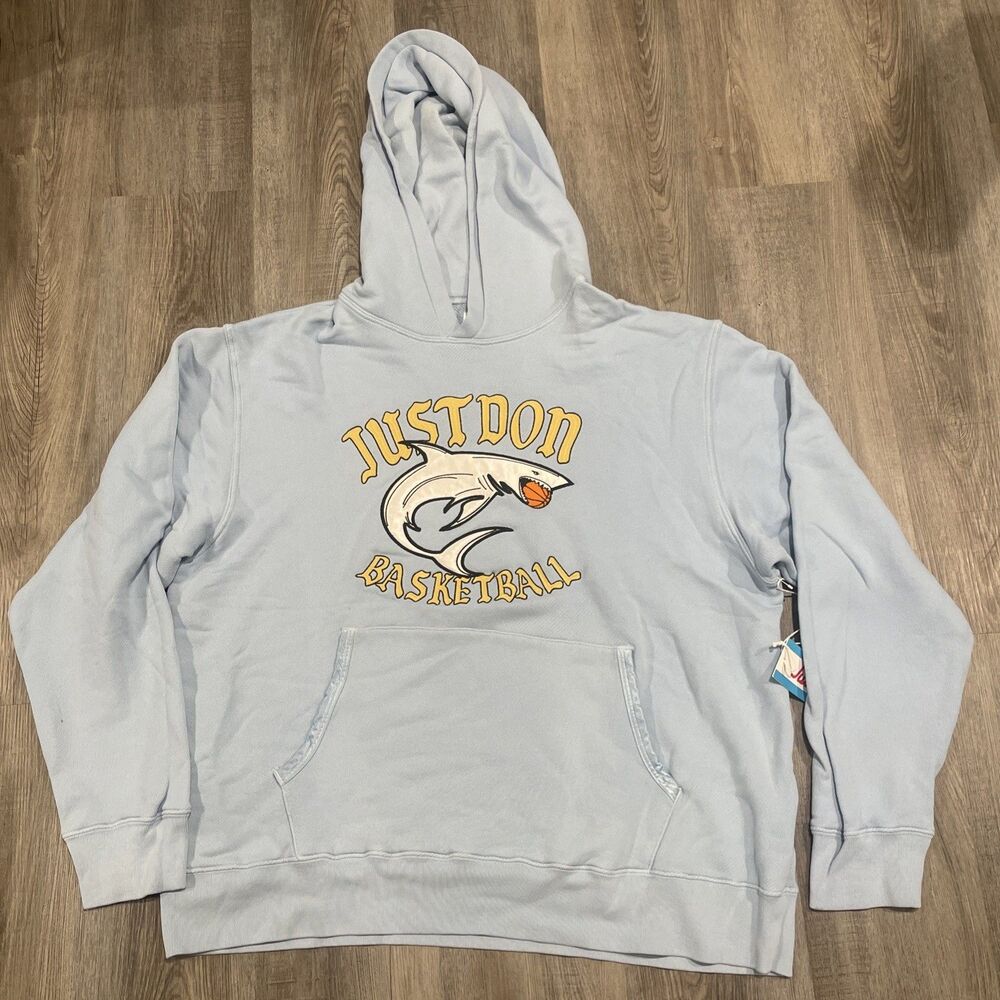 Just Don Shark Logo Basketball Hoodie Pullover Light Blue Men’s Size XXL